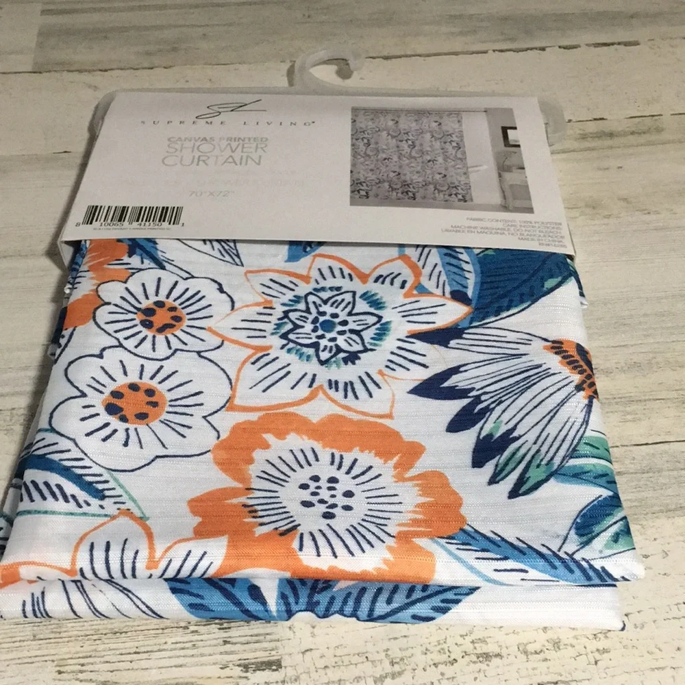 Supreme Living blue/orange/white floral canvas printed shower curtain 70x72